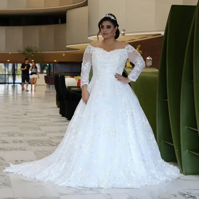 

Customized Tailored Ladies Lace a Line Wedding Dress Crystal Beads Plus Size Off Shoulder Long Sleeves for Women
