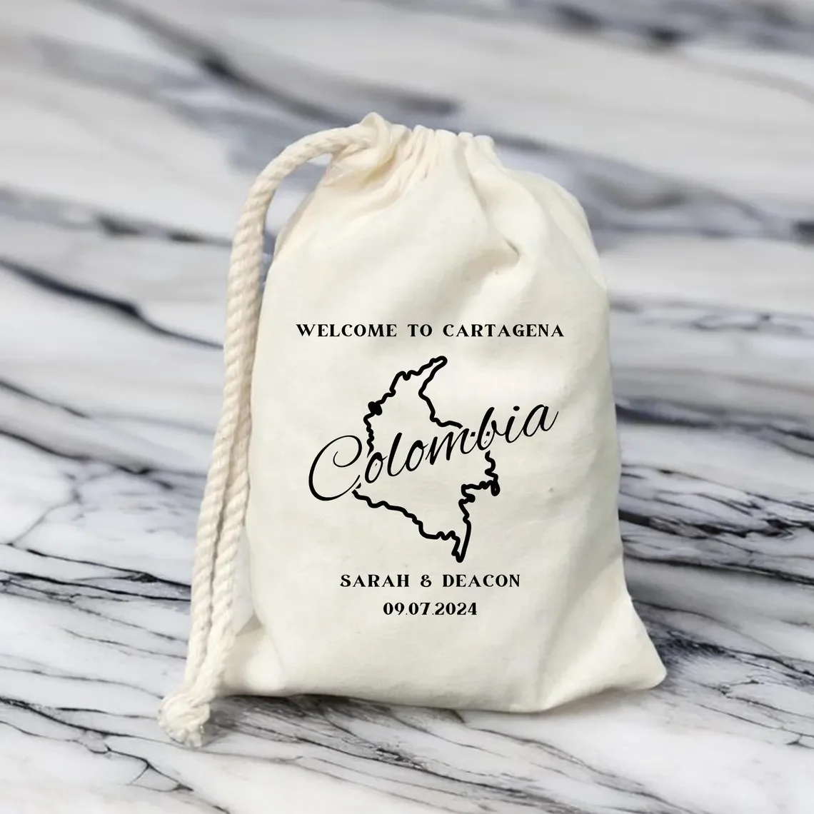 Customized Welcome To Cartagena Bag, Colombia Destination Wedding Favors, Colombia Country Outline Map Bag, Beach Wedding Party