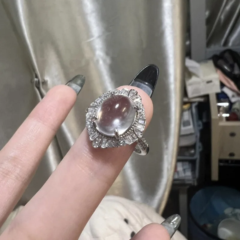 silver 925 inlaid diamonds natural ice chalcedony rings for women vintage translucent exquisite oval ring wedding jewelry gift