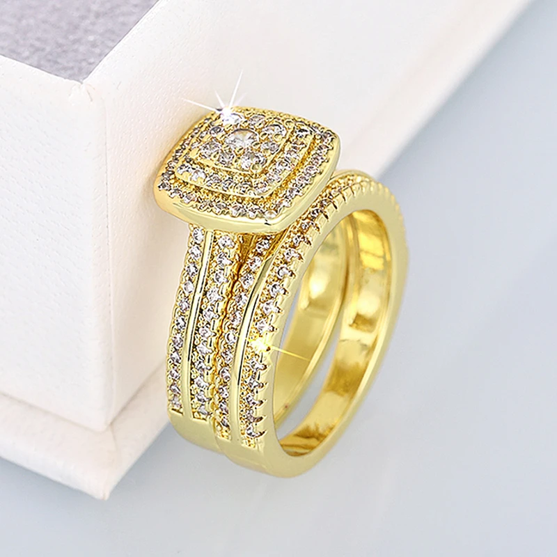 Huitan Double Stackable Set Rings Women for Wedding Luxury Gold Color AA Cubic Zirconia 2Pcs Rings Engagement Party Jewelry