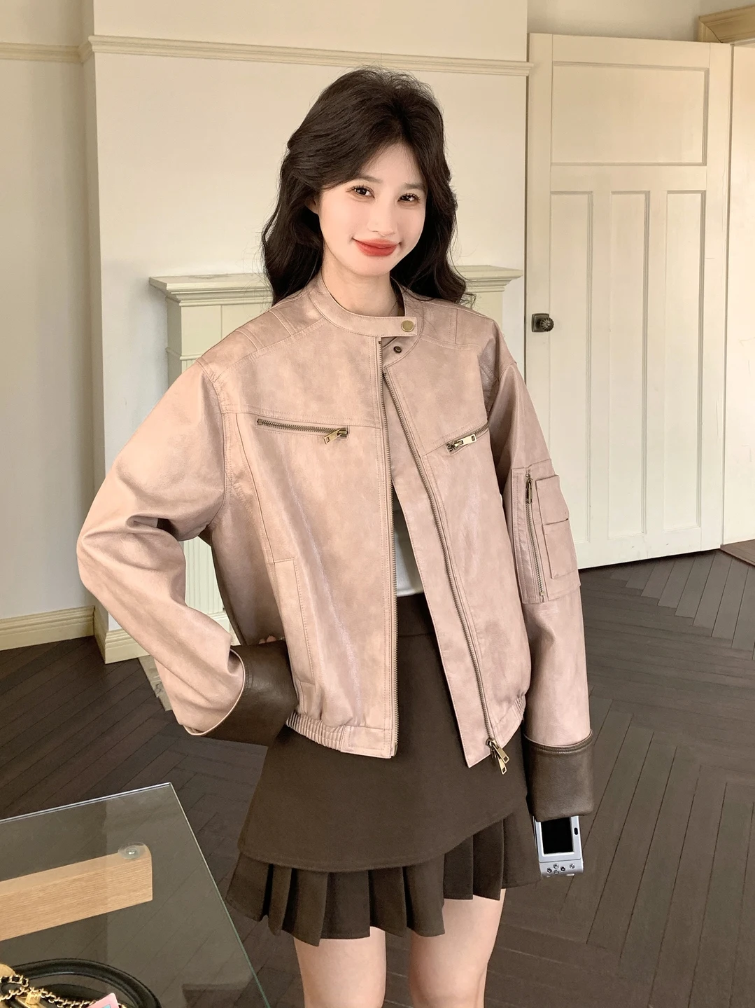 

Sweet Cool Biker Girl Stand Collar Flesh Pink Leather Jacket Women's 2026 Spring New Style Popular Personality Match PU Leath...