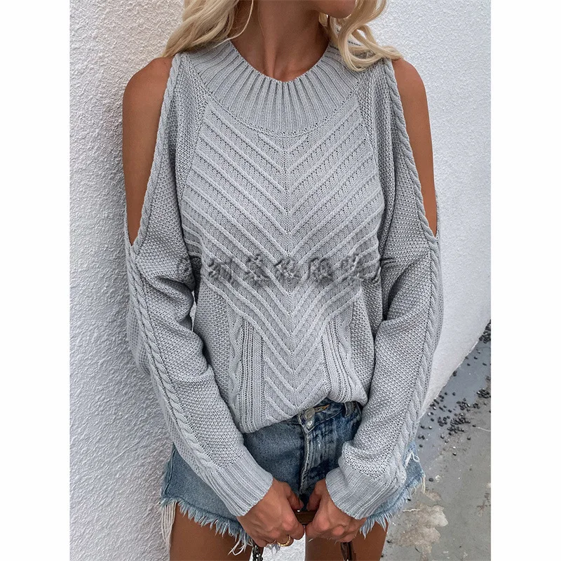 Autumn and Winter Solid Color Strapless Knit Sweater Women Long Sleeve Chunky Needle Round Neck Twisted Top Sweater Women