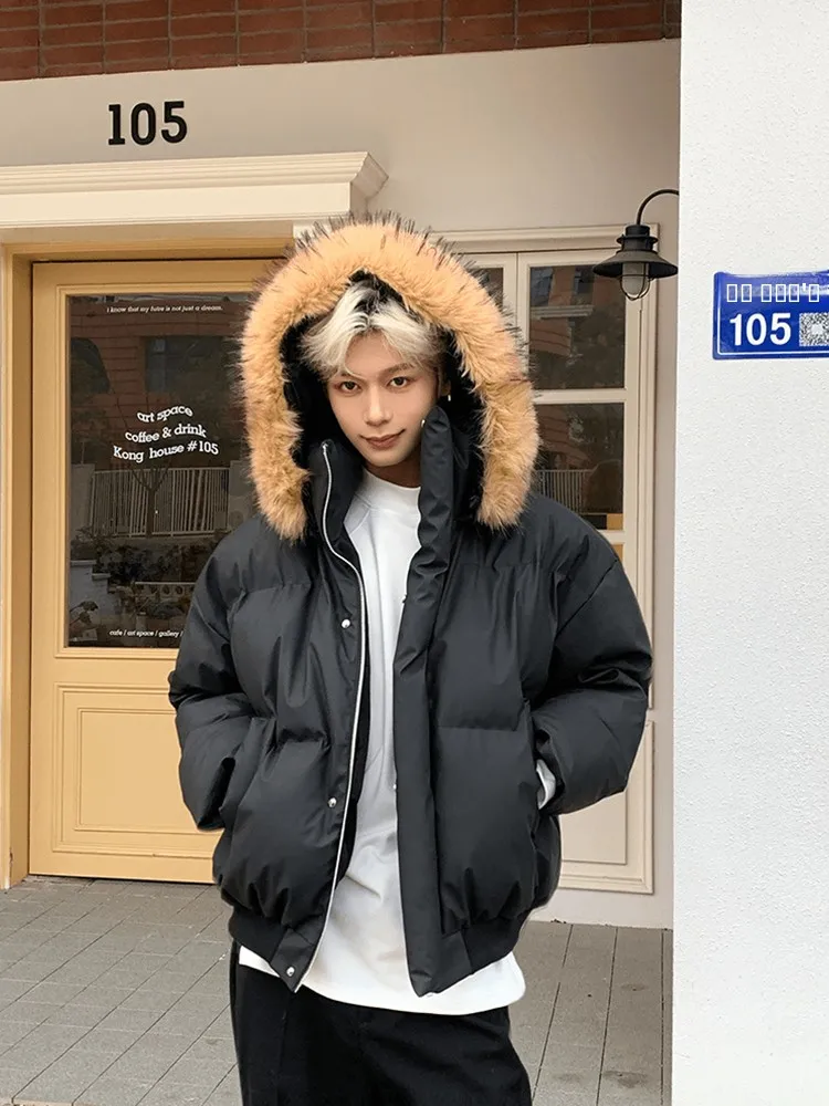 

Мужская утепленная хлопковая куртка из искусственной кожи с отстегивающимся меховым воротником, зимняя теплая модная повседневная молодежная одежда