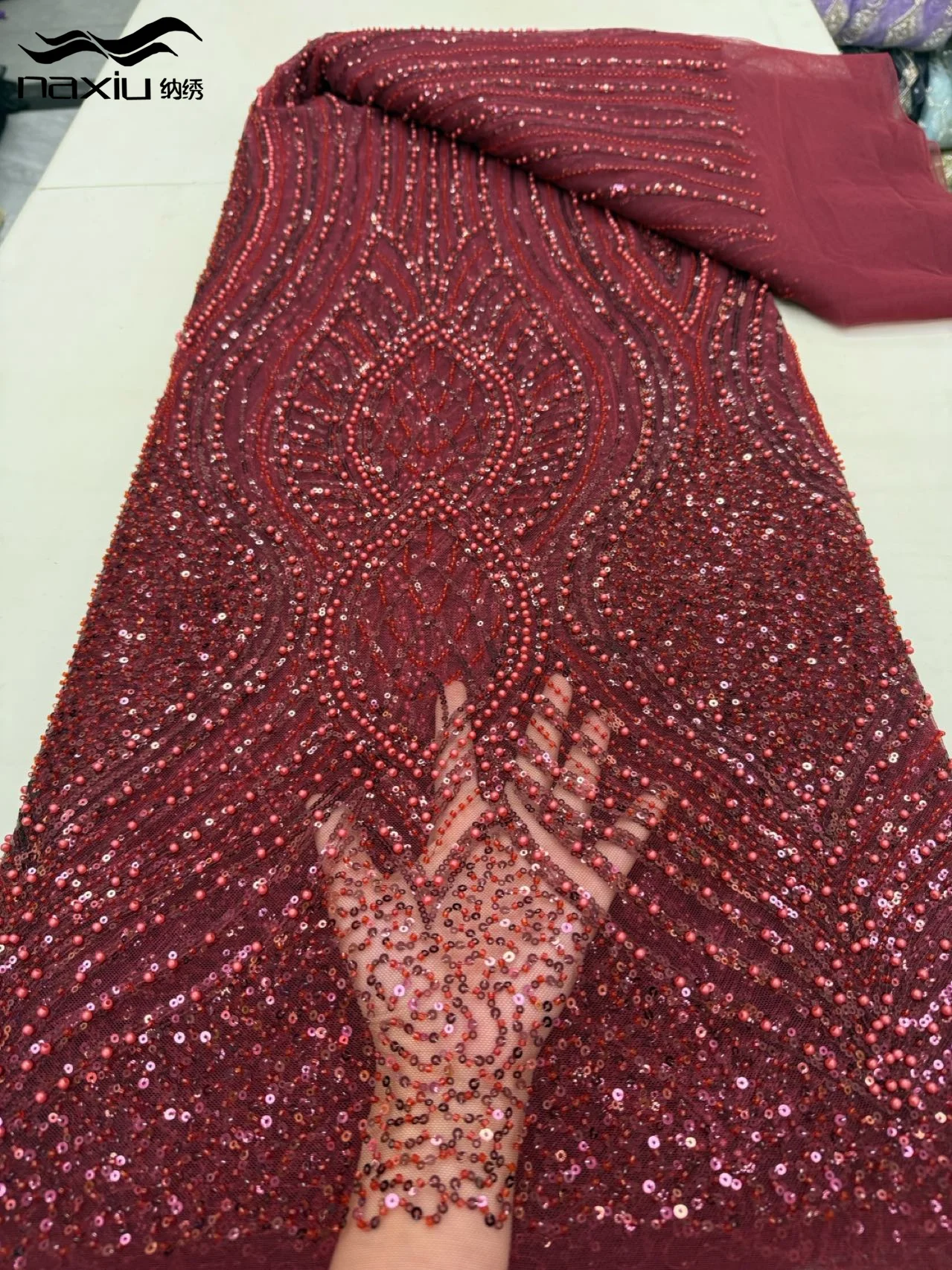 

Madison Wine High-End Luxury Beads French Embroidery Groom Lace Fabric African Nigerian With Sequins Fabric For Wedding Dress