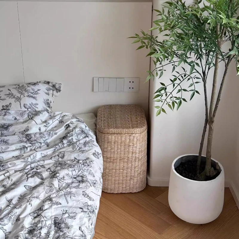 Woven Rattan Nightstand Narrow Storage Box Alternative Multi-Function Bedroom Organizer Space Saving Compact Cabinet Solution