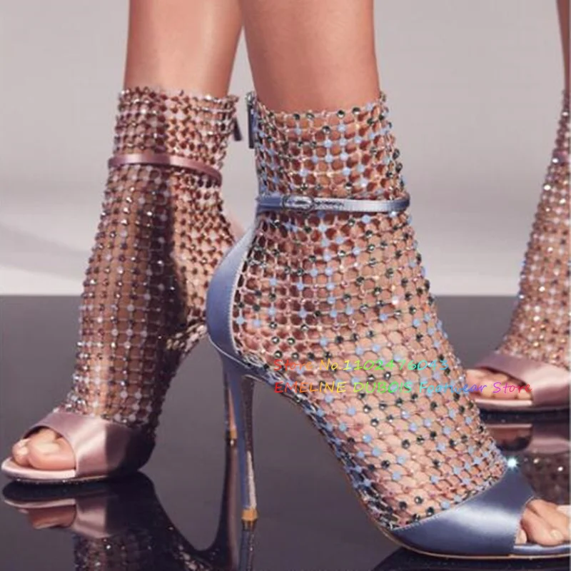 

Water Diamond Fish Mouth Hollow Mesh Cool Boots Sexy Pointed Toe Thin High Heel Elegant Crystal Sandals Ankle Strap Single Shoes