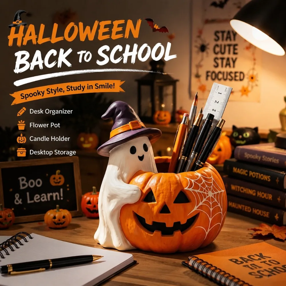 Halloween Pumpkin Ghost Pencil Holder Desk Organizer Cute Ceramic Pen Cup Storage Box Back to School Desk Decor Home Office Gift