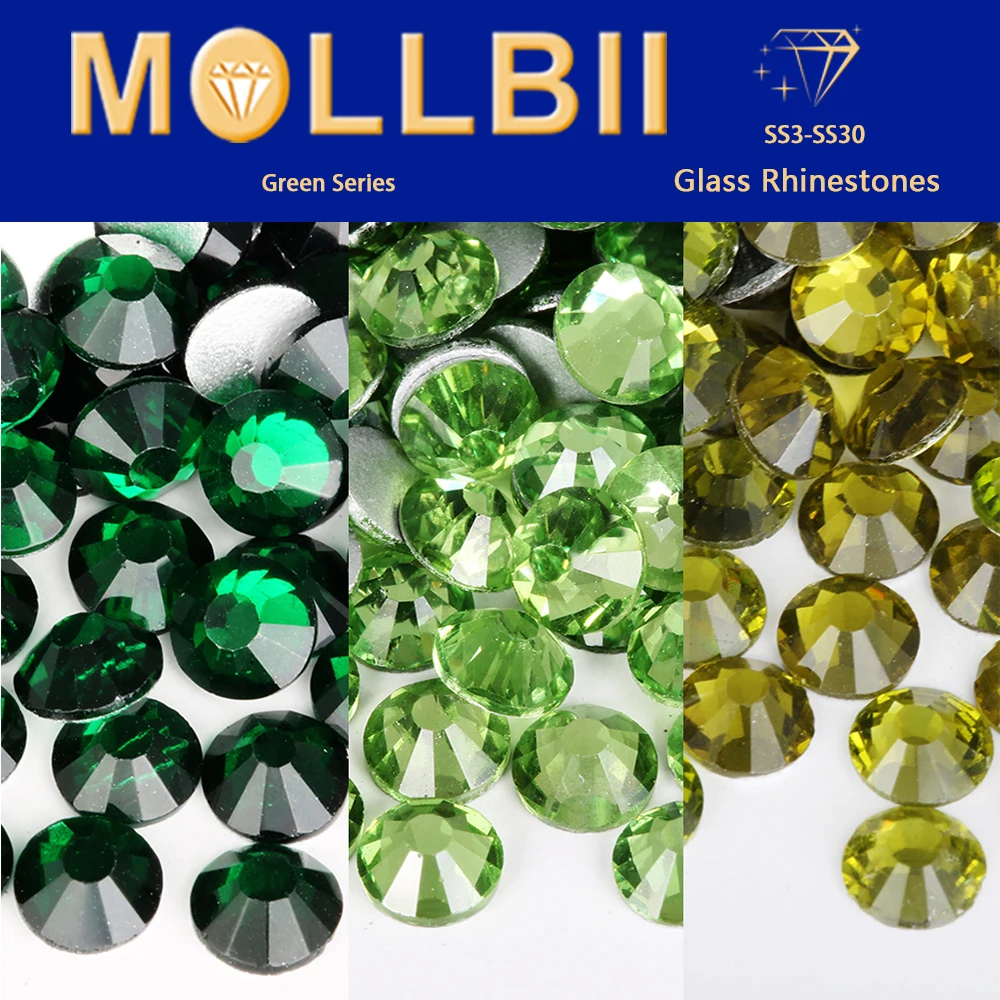 

MollBii SS3-SS30 Green Series Non Hotfix Rhinestones Glitter Glass Flatback Crystals Stone DIY Nail Charms Strass Стразы 네일파츠