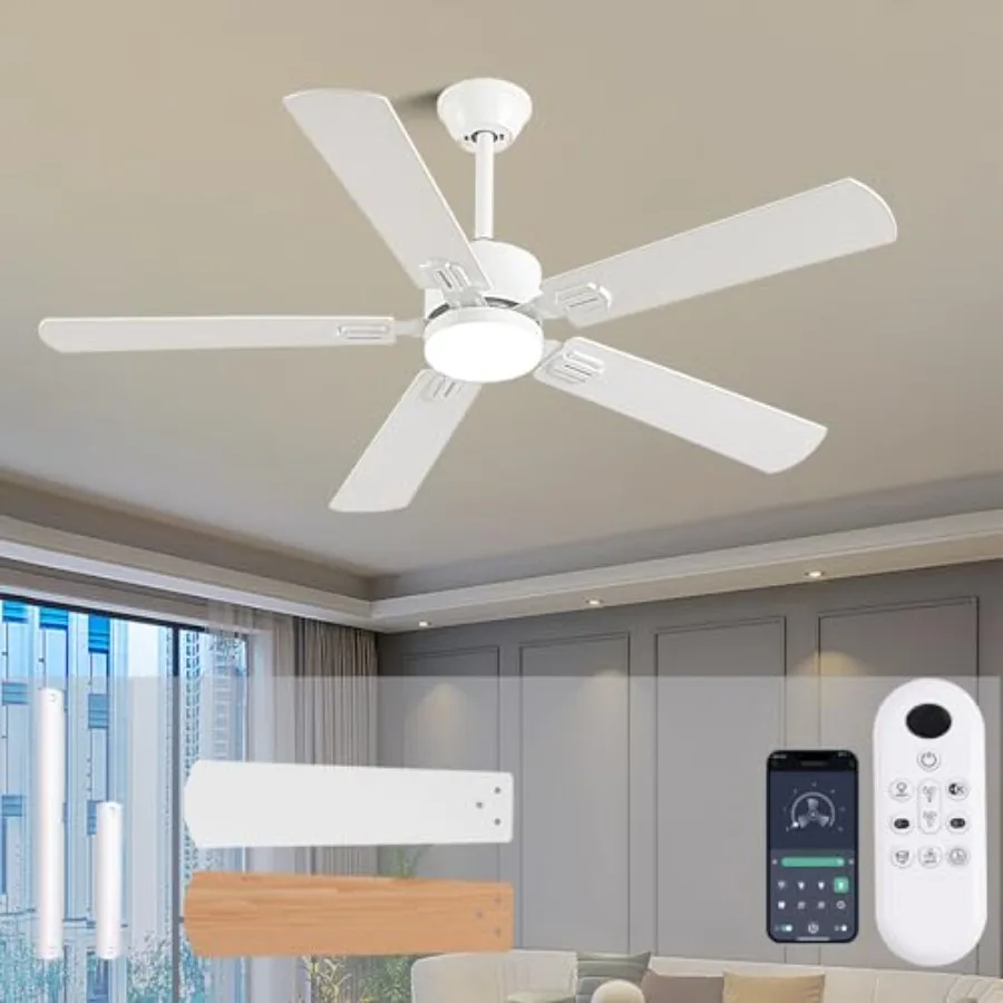 52 inch Modern White Ceiling Fans with Lights APP/Remote Control, Low Profile Reversible 6 Speeds Ceiling Fan Light for Indoor/