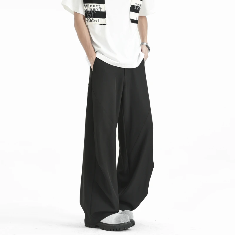 

LAPPSTER Men's Summer Wide-leg Ice Silk Korean Fashions Casual Pants Loose Straight-leg Long Pants Breathable Black Suit Pants