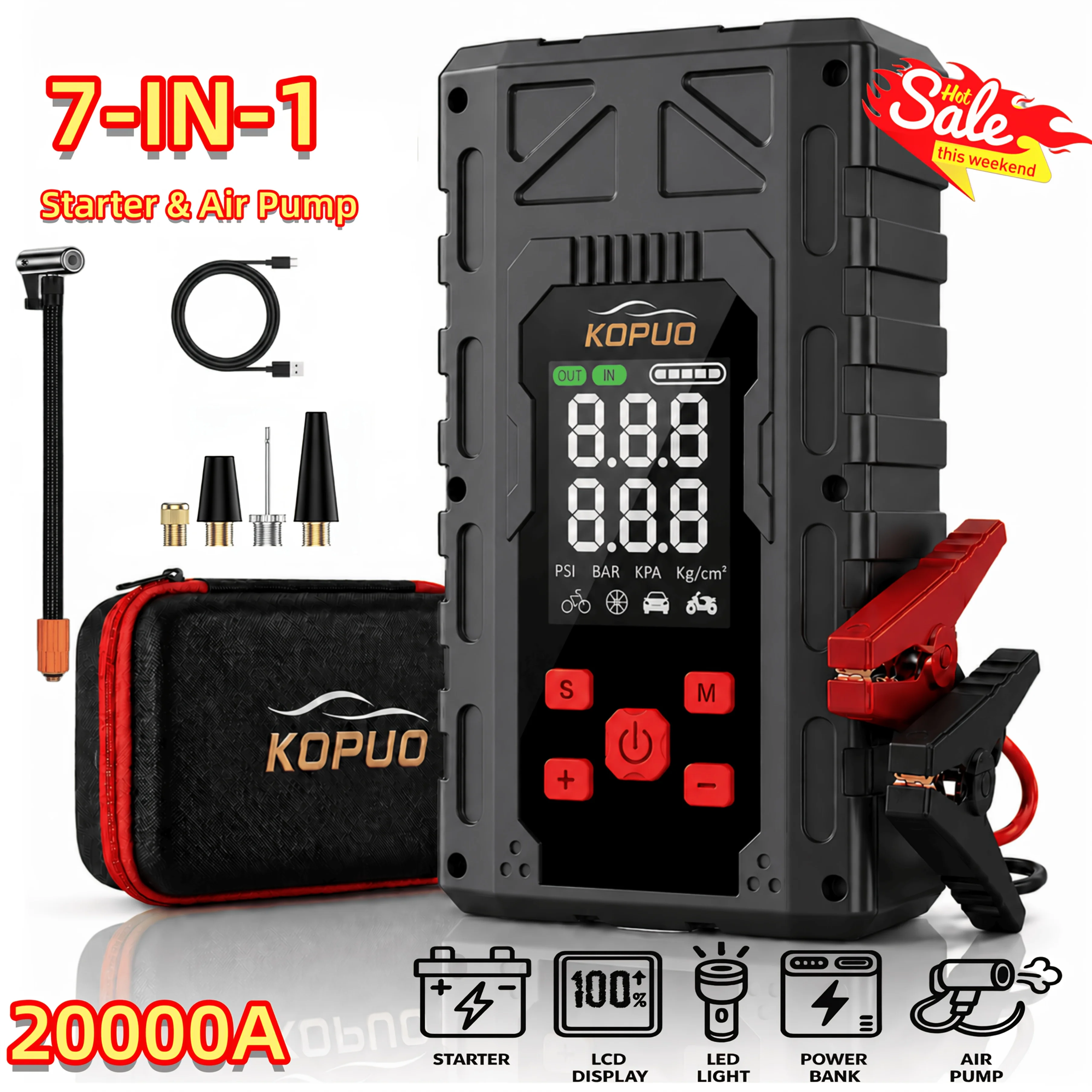 

6000-8000A Jump Starter Optional 20000A Peak 12V Car Jump Starter with Air Compressor, Heavy Duty Jump Starter Battery Pack with 150PSI Portable Tire Inflator, 7-in-1 Roadside Assistance Kit, Battery Booster Power Bank with LCD Display, LED Light