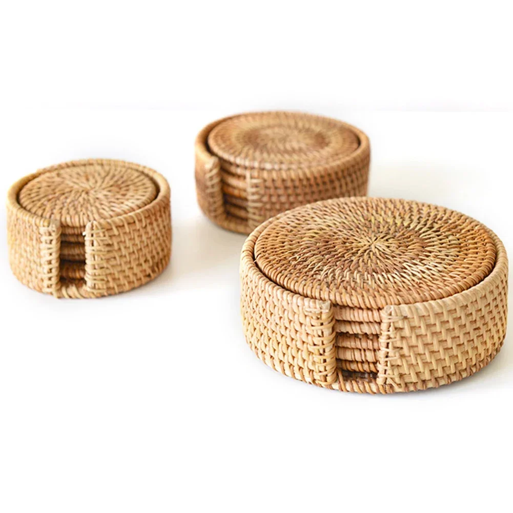 6PCS Woven Rattan Coasters Set With Holder Table Mat Placemat Coffee Tea Cup Coaster Pot Bowl Pad Glass Base Kitchen Accessories