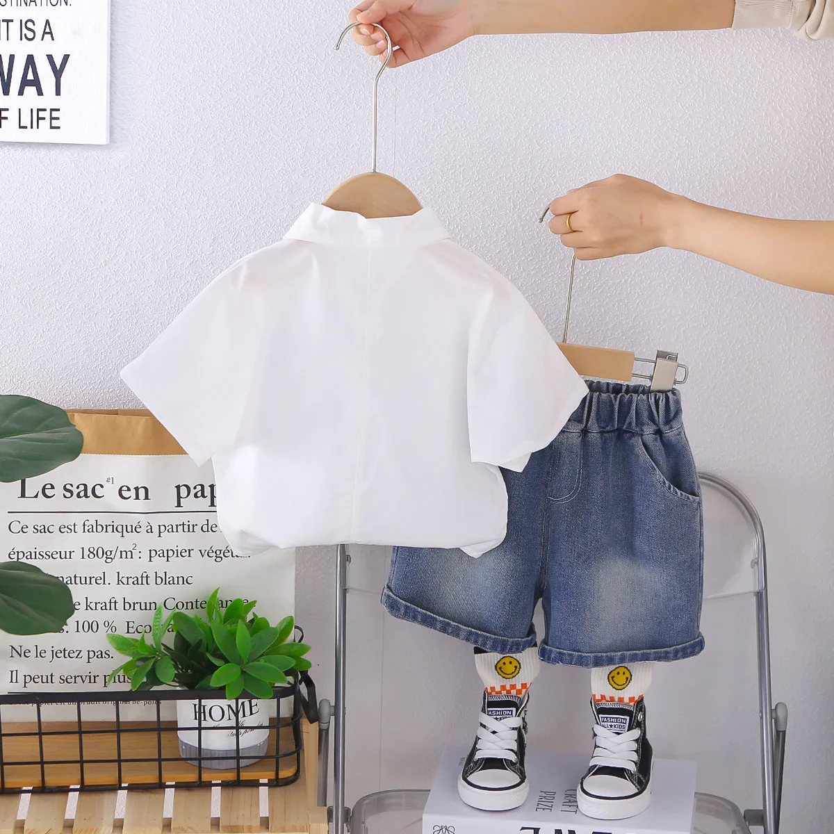Baby Boy Summer Set Children's Clothing 2026 New Fashion White Short Sleeve Shirts + Tie + Denim Shorts 3PCS Boys Outffit Set