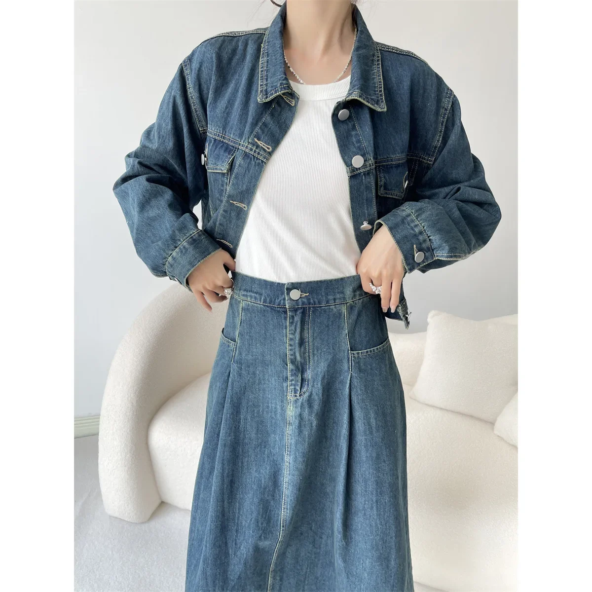 Jupe en jean trempée pour femme, revers décontracté rétro, veste courte à boutonnage simple, jupe trapèze mi-mollet, ensemble assressenti, mode, 2 pièces