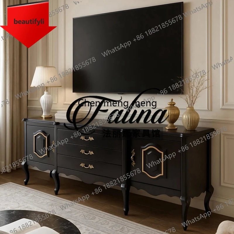 

X188 French TV cabinet light luxury high sense floor European solid wood carving retro black living room wall storage side cabin