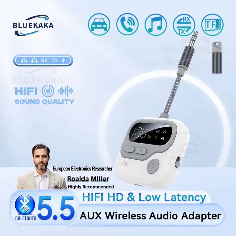 جهاز استقبال صوت بلوتوث 5.5 متعدد النقاط جديد، محول لاسلكي 3.5 مم AUX TF بطاقة تشغيل موسيقى ستيريو HIFI مع ميكروفون شاشة LED للتلفزيون والكمبيوتر الشخصي وسماعات الرأس ومجموعة السيارة