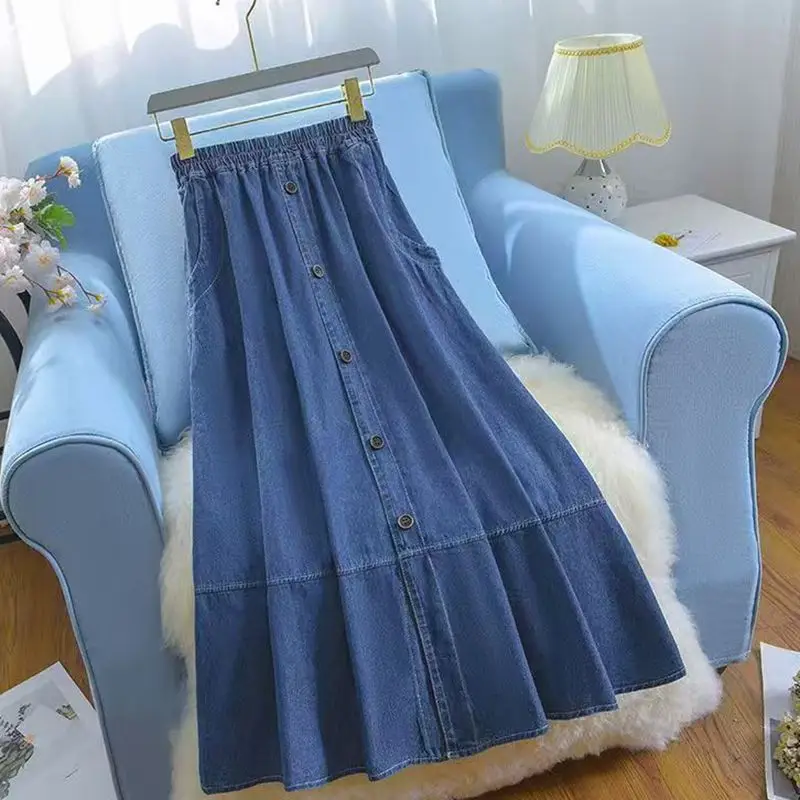 

Женская джинсовая юбка, повседневная эластичная однобортная юбка трапециевидной формы с высокой талией и карманами, рабочая вечеринка, длинная юбка миди, весна, лето, осень