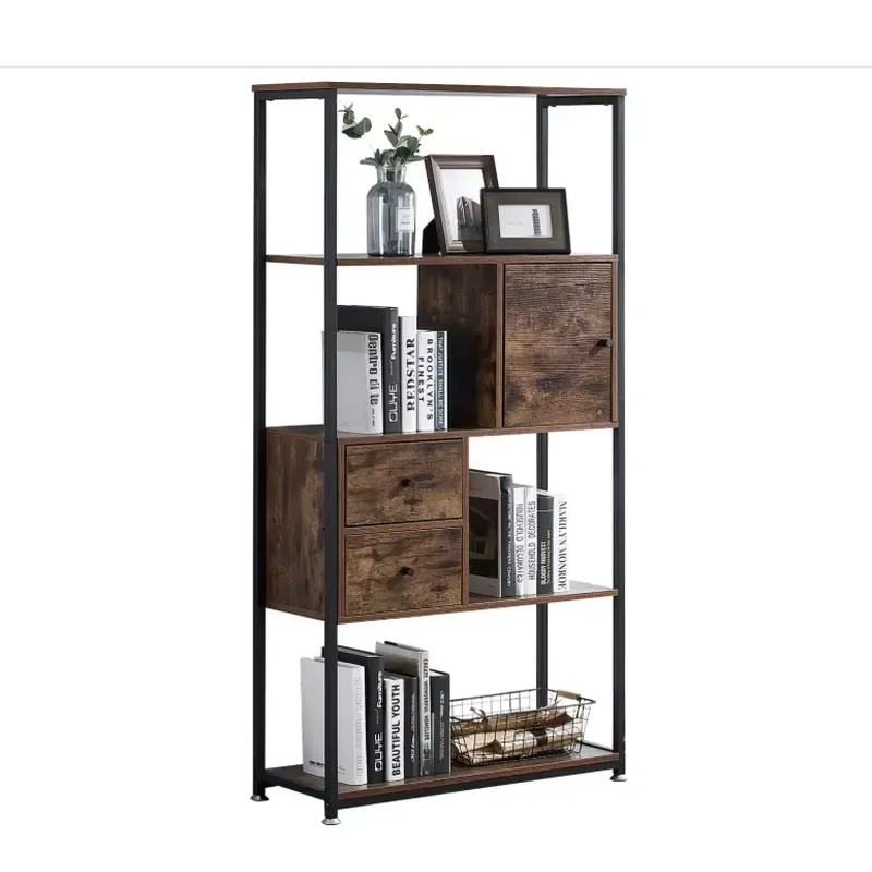 Bookcase with 2 Drawers 4 Layer Storage Organizer Bookshelf and Cupboard for Living Room Home Office