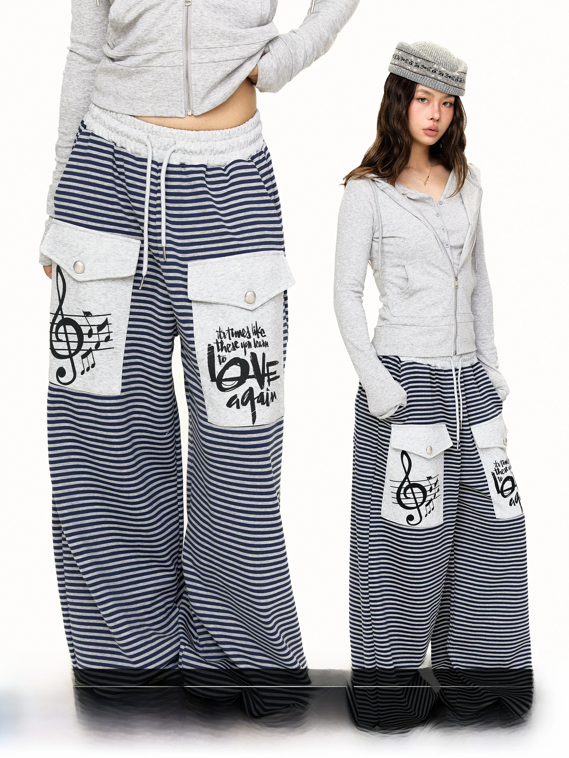 Blackbb American Retro Letter Print Striped Color Block Sports Wide Leg Pants Women's Loose Fit Autumn New Style Casual Trousers