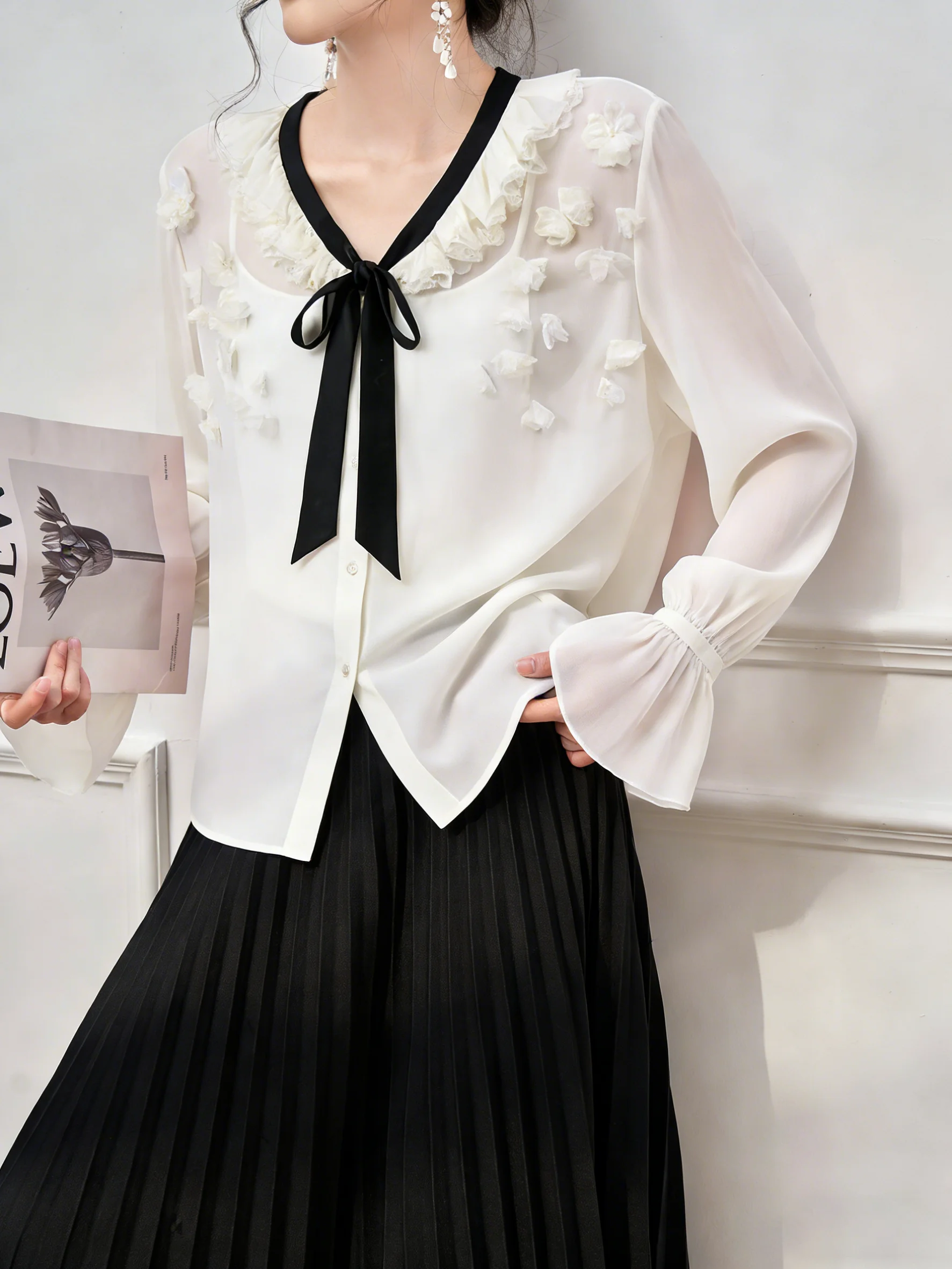 

Ele White irt for Women with Knot And Lace Trim Faionable Spring New Sle Casual Straight Cut Long Sve ...