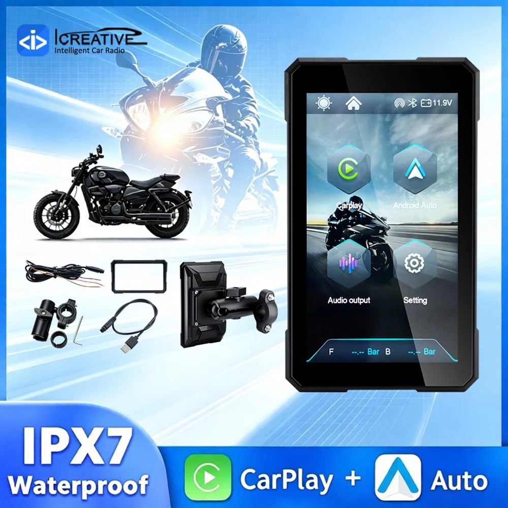 ICREATIVE 5 Inch Motorcycle Carplay Android Auto Vertical Screen IPX7 Waterproof GPS Navigation Motorcycle Monitor Smart Player