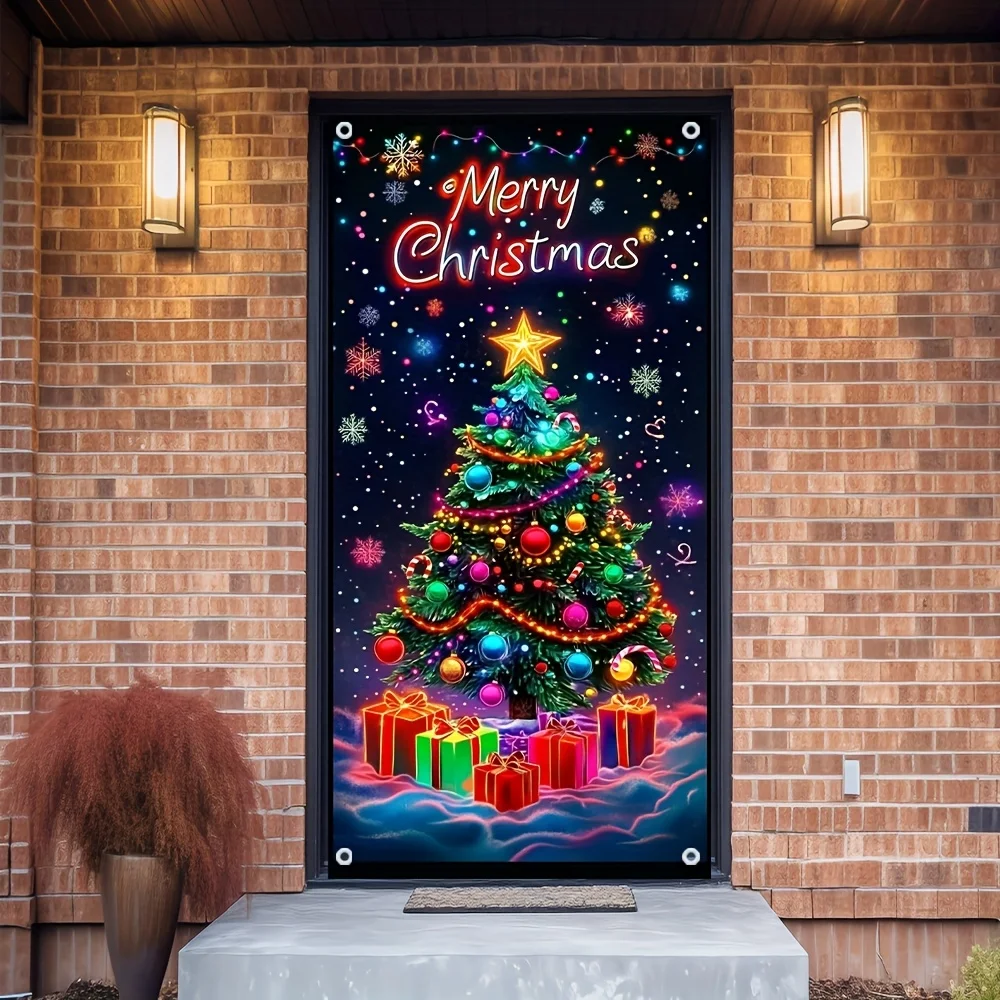 لافتة باب بوليستر شجرة عيد الميلاد المسطحة 2D - الخيار المثالي لاحتفالات المهرجانات والحفلات الموسمية