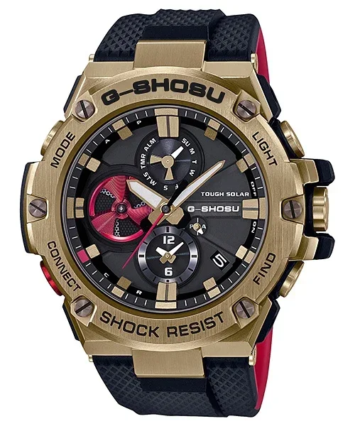 ساعة رياضية رجالية كاملة الوظائف بالتوقيت العالمي مقاومة للماء مصنوعة من خليط معدني بمينا كبير الحجم لجميع الأيدي تعمل سلسلة GSTB100 Oak