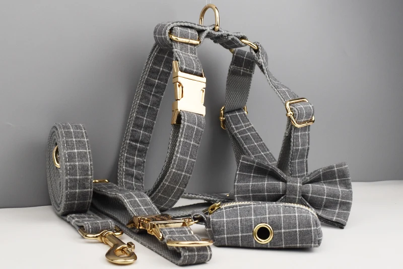 Neu eingetroffen: Personalisiertes Designer-Logo, graues Gittermuster auf weichem Baumwoll-Hundehalsband, Leinen, Geschirr, Kotbeutelhalter, Schleifen-Set Grid03 – Detail 6