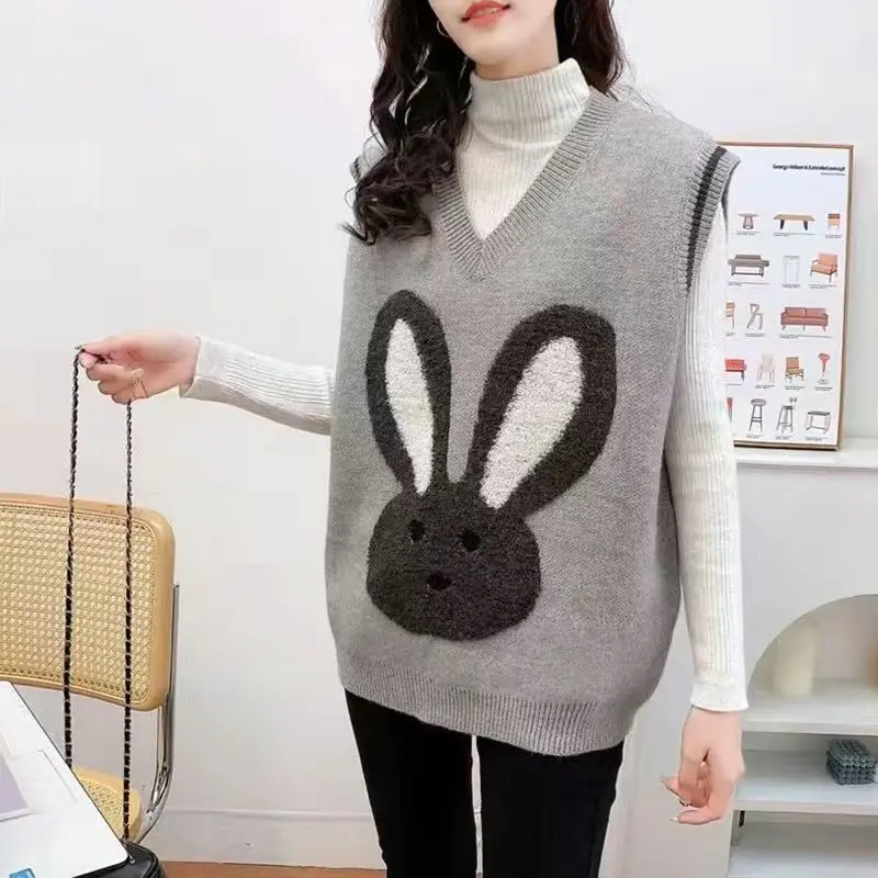 Women\'s Autumn Winter V-neck Knitted Animal Sweater Vest Fashion Rabbit Casual Versatile Pullover Fashion Elegant Print Lady Top