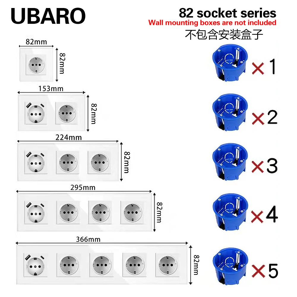 UBARO EU 52*52mm Wall Socket Module Glass Panel Frame Suitable for Round Installation Box USB TYPE C TV RJ45 Outlet 250V 16A Diy