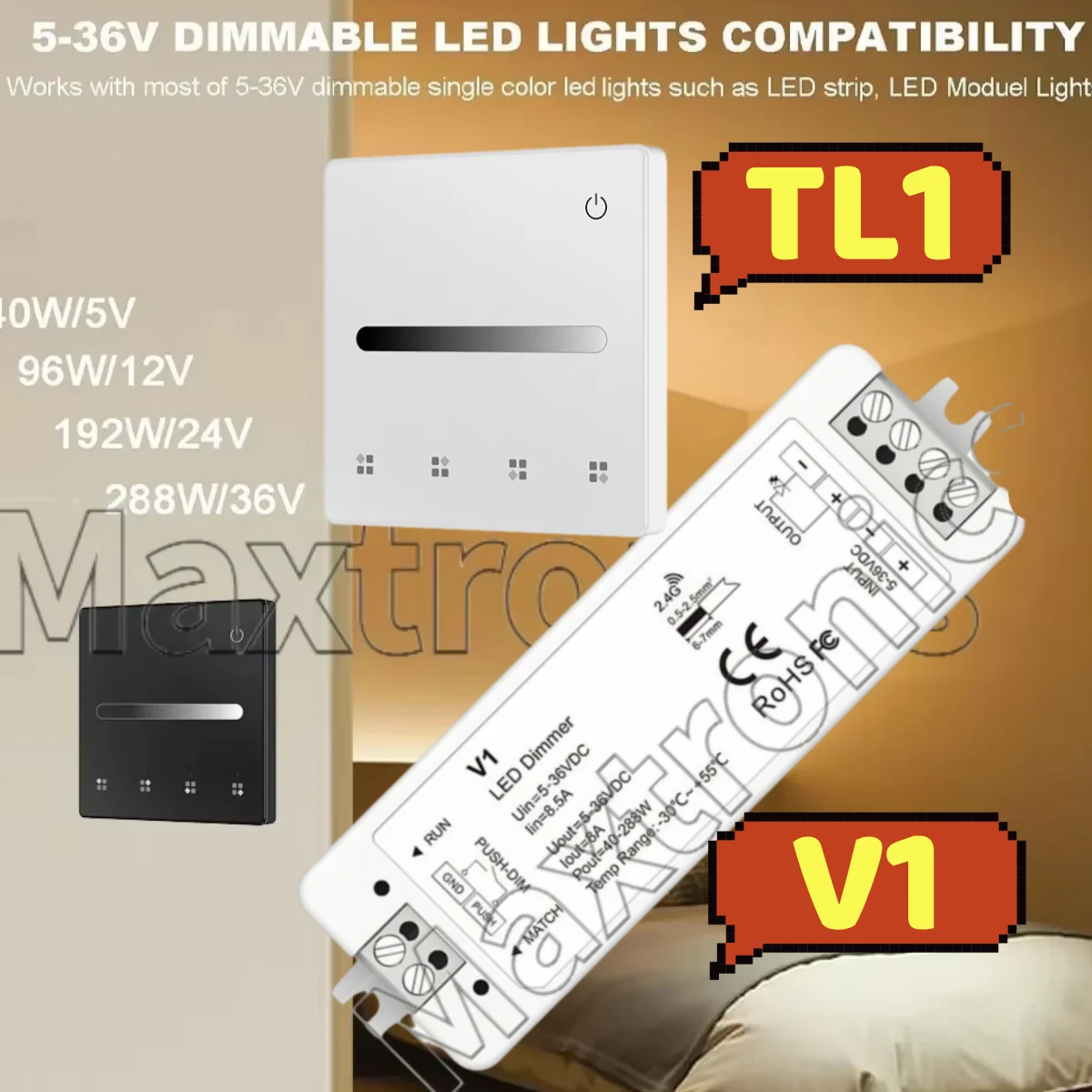 4 Scene or 4 Zone Dimming Touch Panel Remote Control TL1 Dimmer Push Switch Dimming DC12V 24V V1 RF Single Color LED Controller