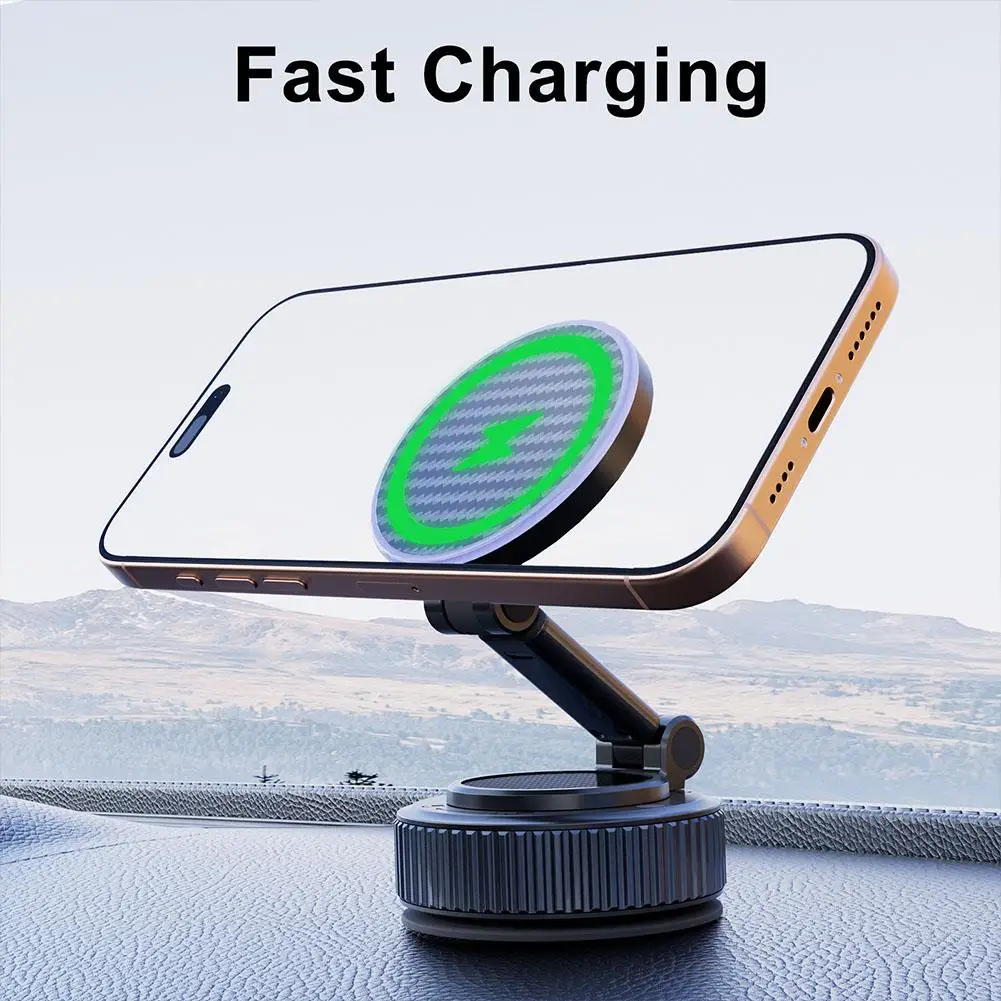 Carbon Fiber 15W Wireless Magnetic Charger Foldable Phone Rotation Suction Vacuum Stand Car Holder Strong Magnetic 360° T3H0