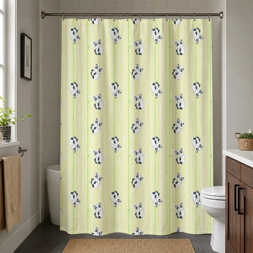 Cute Panda Pattern Shower Curtain Waterproof Bathroom Decor Shower Liner Yellow Striped Animal Prints Kids Bathroom Accessories