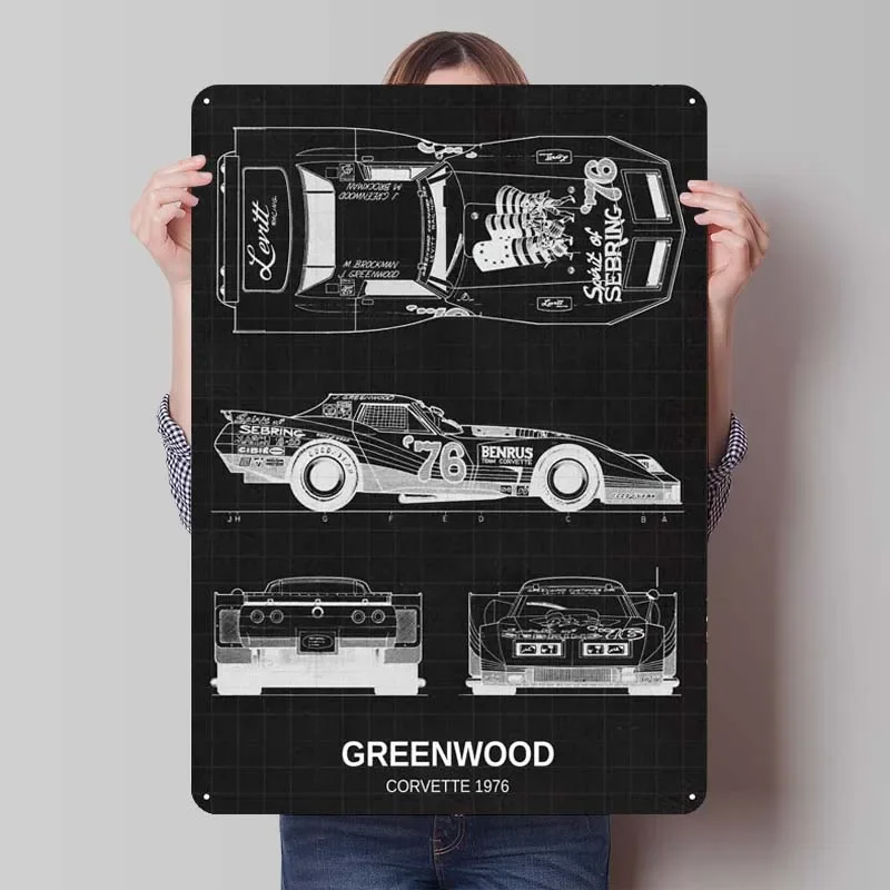 Greenwood Corvette 1976 Sign Customizable Cars Poster Metal Wall Art Mural Retro Metal Tin Signs for Garage Wall Art Decoration