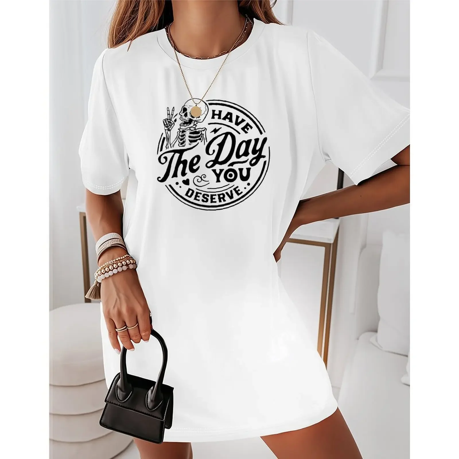 

2025 Summer T Shirts Women Short Sleeve Oversized Fashionable Casual Positive Funny Skeleton Print T-Shirts Tops