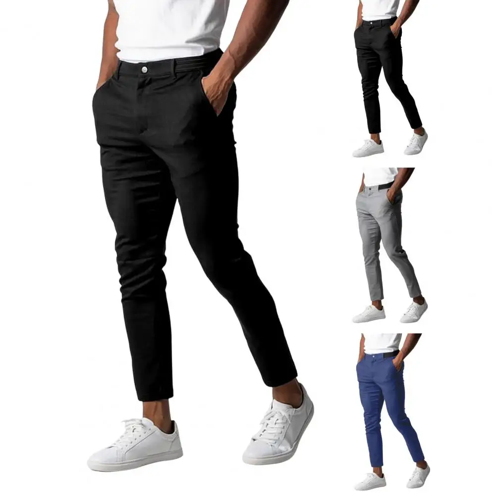 

Solid Color Pants Men's Slim Fit Business Formal Pants with Elastic Waist Button Closure Pockets Solid Color Soft for Work