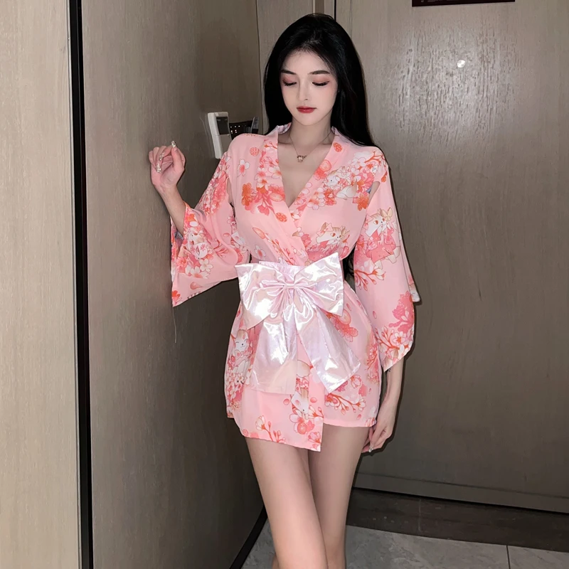 

Japanese Style Yukata Cherry Blossom Print Sexy Kimono Dress Night Robe V Neck A Line Mini Dress Cardigan Nightgown Sleepwear