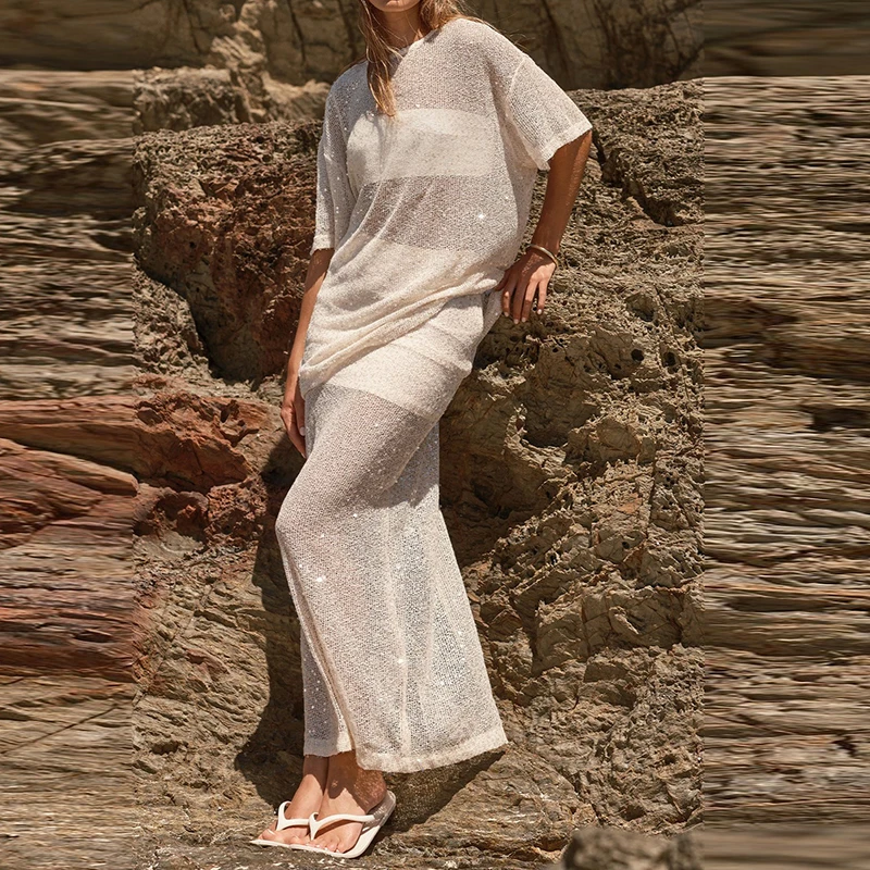 Fashion Shiny Sequins Pullovers Cover-up Tops Casual O-neck Short Sleeve Female T-Shirts Elegant Mesh See Through Summer Blouse
