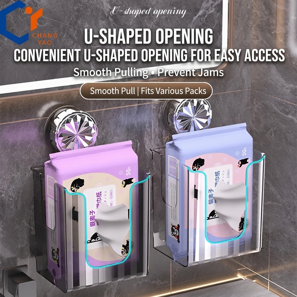YGTITAN Suction Cup Wall Mounted Tissue Box Holder, Clear Napkin Dispenser for Bathroom & Kitchen, No Drill, PP/PET, Transparent