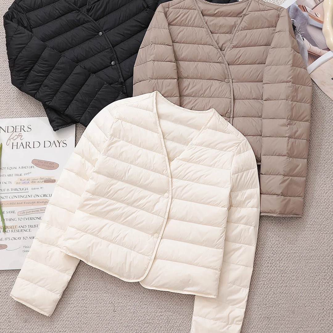 

Lightweight Short Goose down Jacket V-Neck Base Layer Women's Fashion Commute Style Slim Fit Warmth Daily Use Autumn Winter