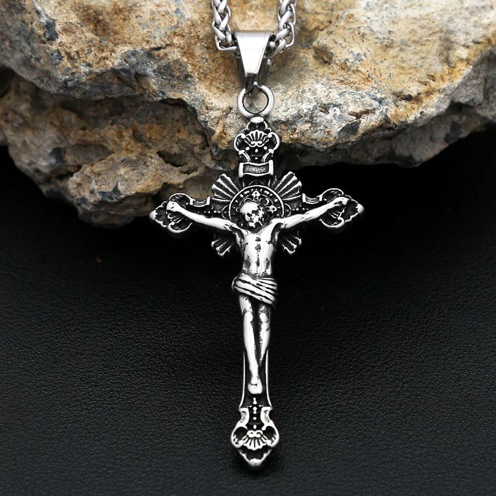 خمر 316L الفولاذ المقاوم للصدأ يسوع الصليب قلادة قلادة للرجال النساء الدين تميمة موضة الهيب هوب مجوهرات هدية ارتداء اليومي