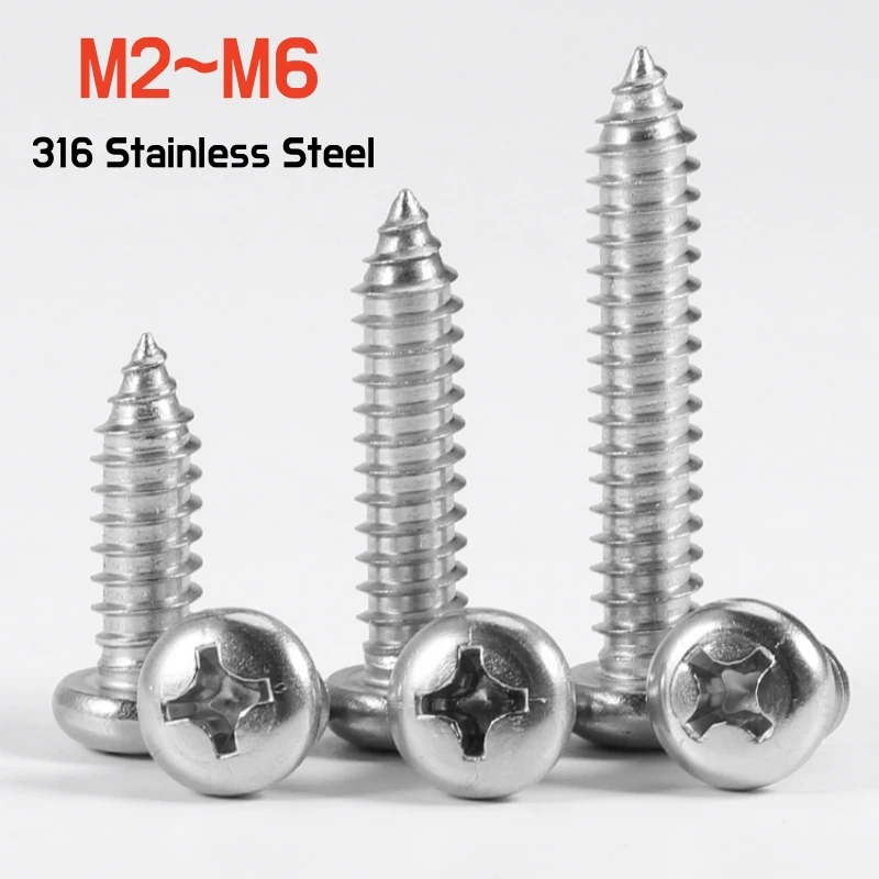 

5~100pc M2 M2.2 M2.6 M3 M3.5 M4 M5 M6 Cross Phillips Round Pan Head Self-tapping Wood Screw Marine Grade 316 A4 Stainless Steel