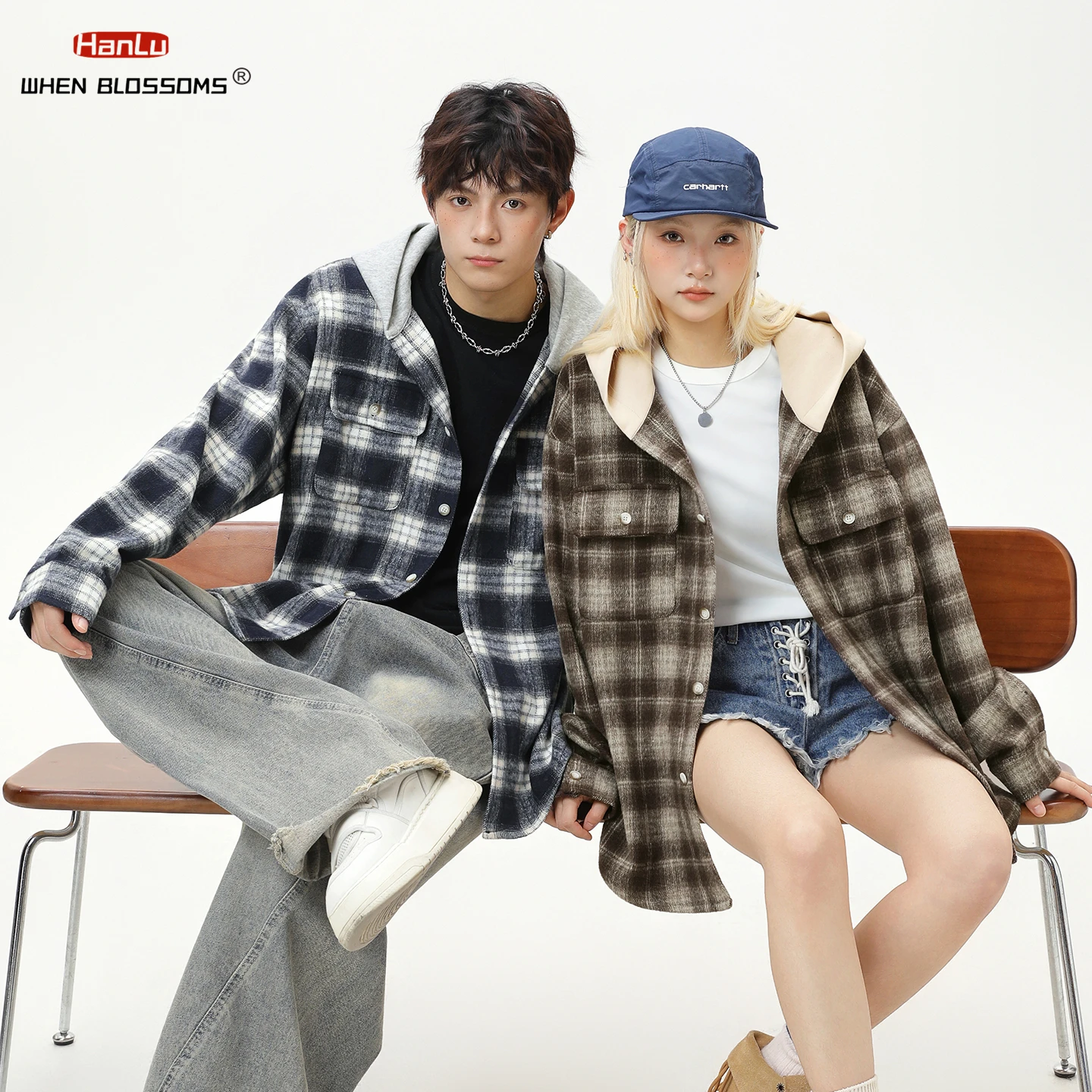

HANGLU 2025 Men Women Color Block Plaid Hooded Shirt Flannel Brushed Fabric Unisex Couple Oversized Vintage Streetwear Shacket