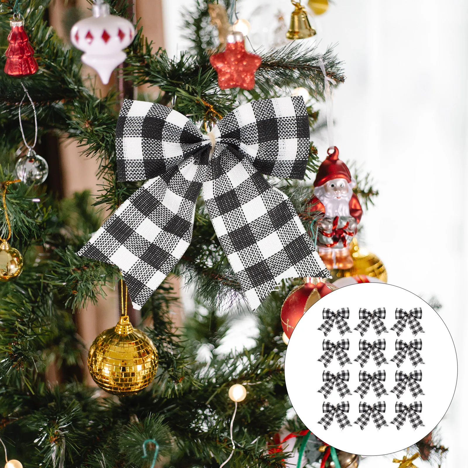 

12 Pcs Christmas Glitter Bow Decoration Black and White Plaid Novelty Bows Xmas Ornaments