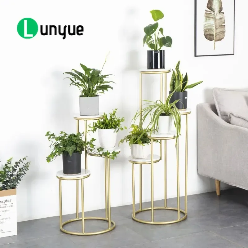 Simple Wrought Iron Marble Flower Stand Multi Layer Plant Pot Rack for Living Room Balcony Indoor Home Garden Decor Storage