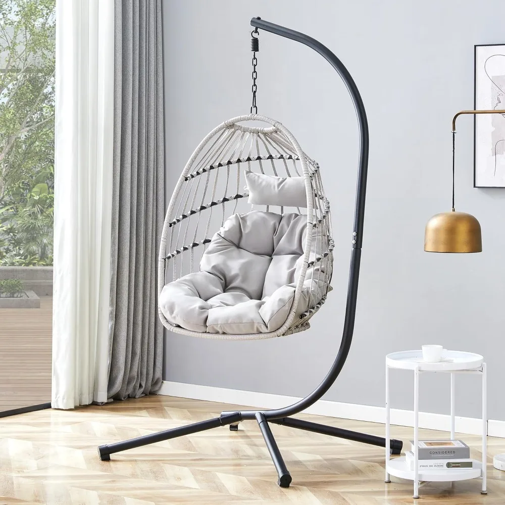 

Swing Egg Chair with Stand, Outdoor Hanging Chair with Cushion and Headrest, Rattan Egg Chair for Backyard, Customized