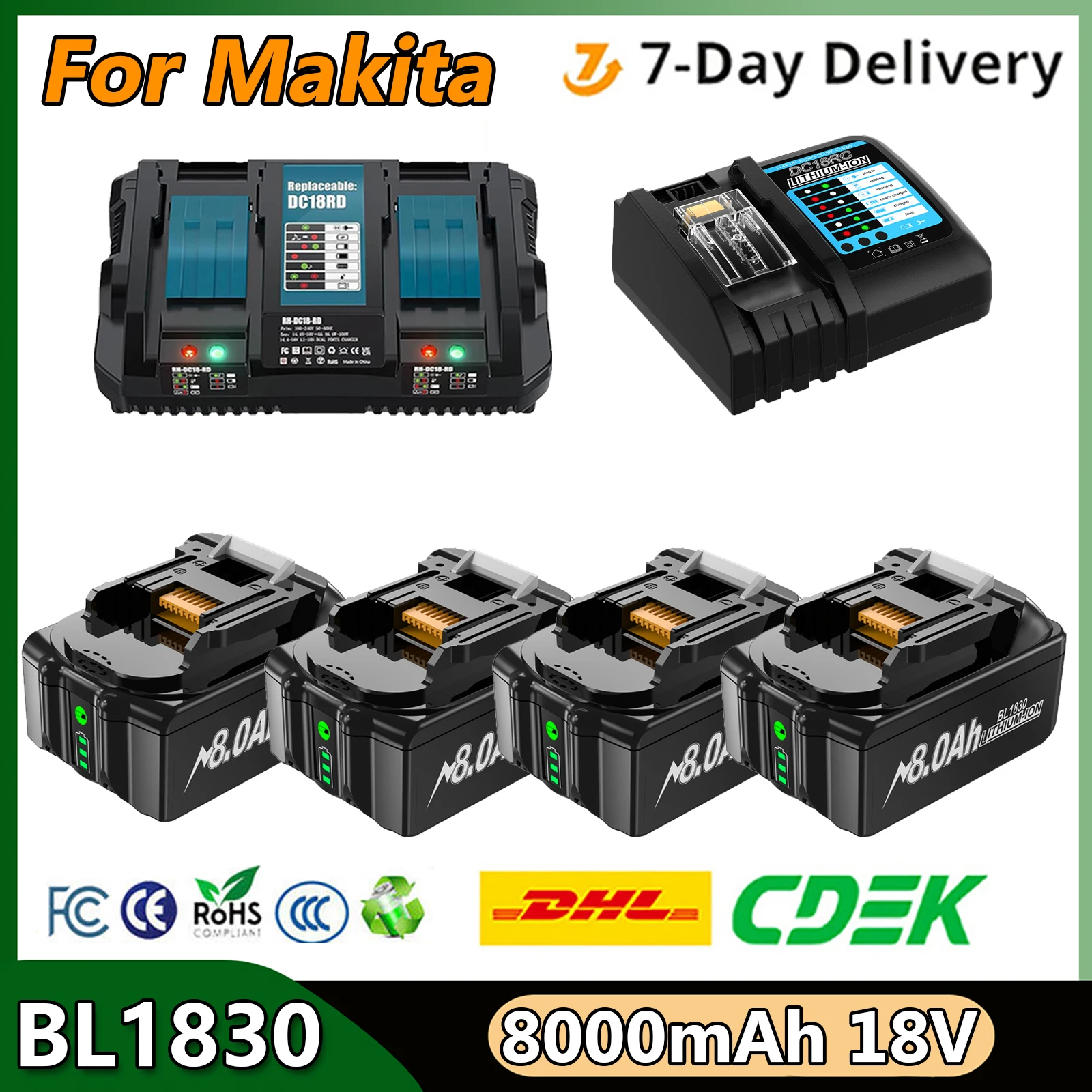 Turpow Batteria di ricambio per Makita 18V BL1830 8000mAh Li-ion compatibile con BL1840 BL1850 BL1860 BL1890 con caricatore 4A 6A