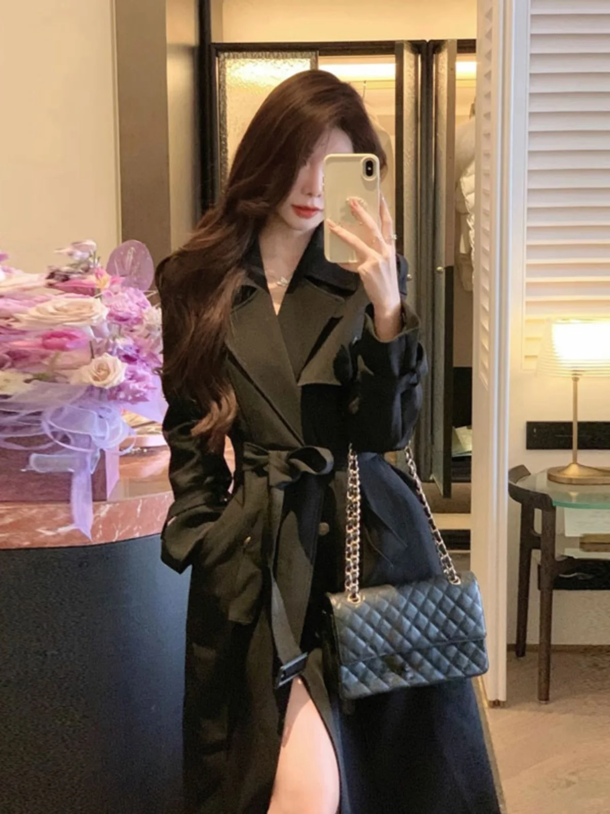 Hebe Style Long Coat High Waist Design Sensation Korean Version Woolen Outerwear Spring Season Taller Women's Fashion