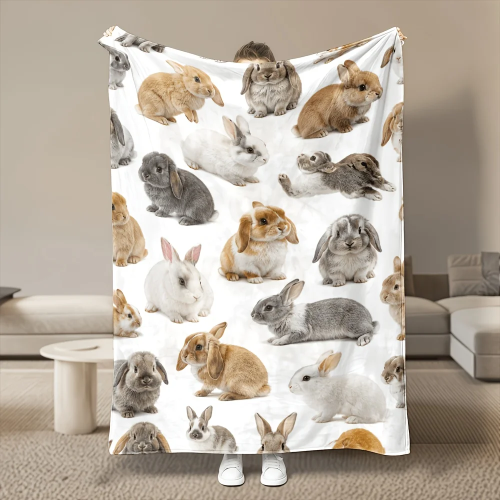 1pc Cute Bunny Rabbit Collage Flannel Blanket, Ultra Soft Warm Cozy Touch, All-Season Use, 280GSM Heavy, Multi-Size Option, Machine Washable, for Bedroom, Sofa, Home Decor, Office Nap, Dorm & Car, Cozy Winter Throw, Ideal Gift Choice