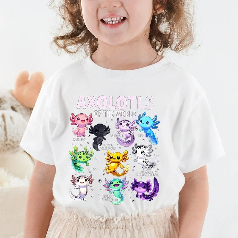 Colorful Cartoon Axolotls Graphic 3D Print T-Shirt Summer Casual Comfy Girls Clothes 2-10Y Short Sleeve T-Shirt for Children Top